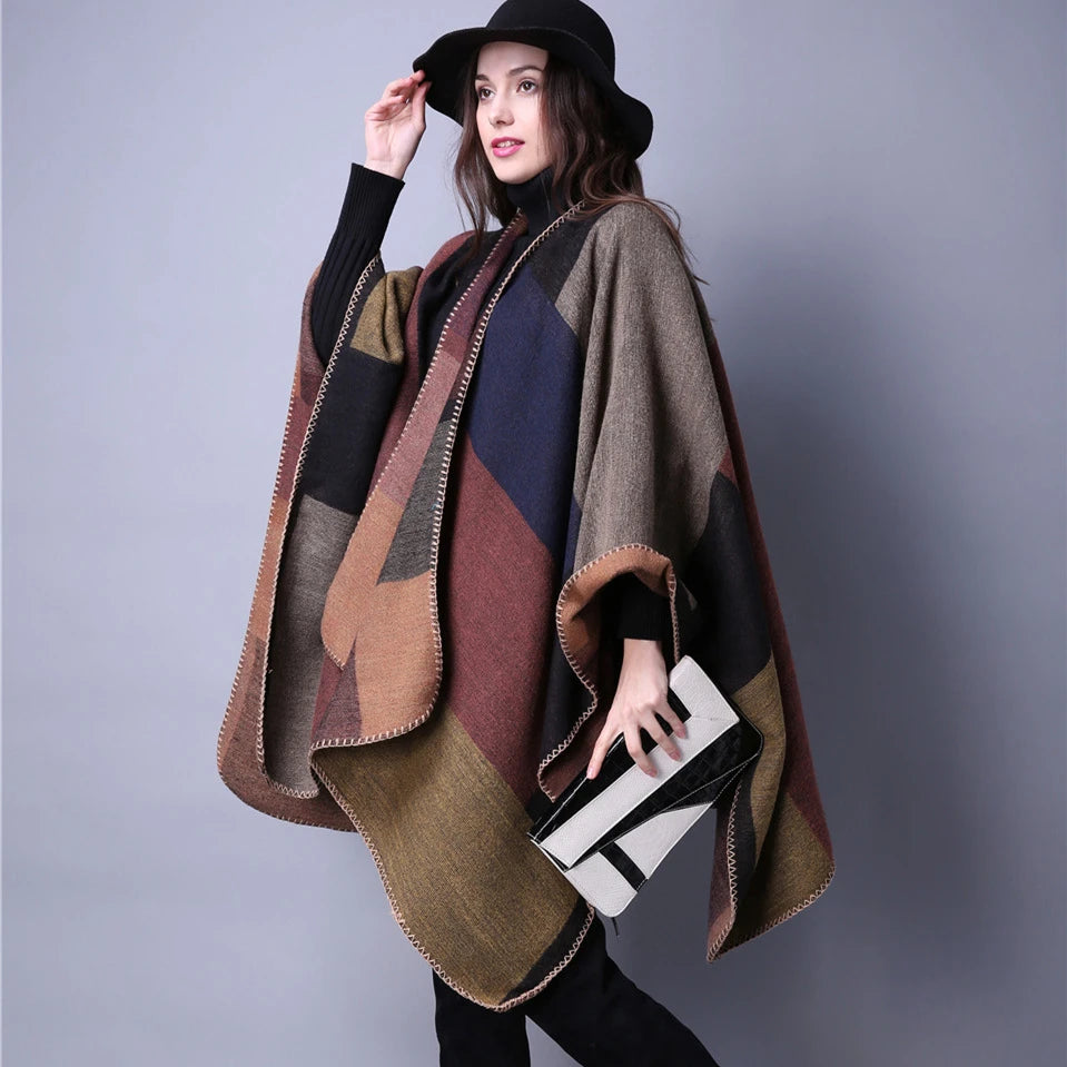 Brand 2022 Women Winter Scarf Warmer Shawl Ladies Vintage Plaid Blanket Knit Wrap Cashmere Poncho Capes Female Echarpe Pashmina