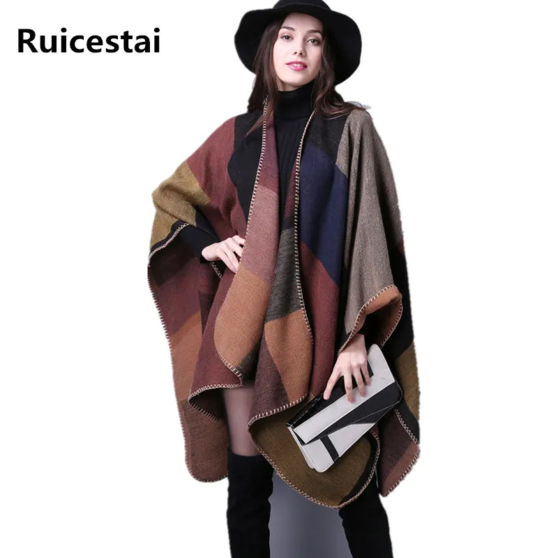 Brand 2022 Women Winter Scarf Warmer Shawl Ladies Vintage Plaid Blanket Knit Wrap Cashmere Poncho Capes Female Echarpe Pashmina