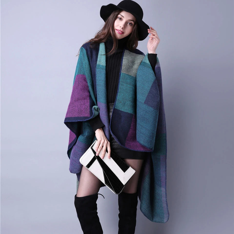 Brand 2022 Women Winter Scarf Warmer Shawl Ladies Vintage Plaid Blanket Knit Wrap Cashmere Poncho Capes Female Echarpe Pashmina